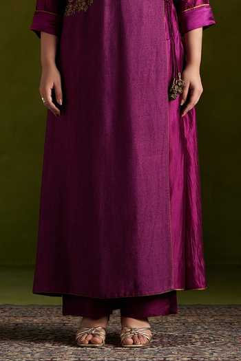 Buy_Almaari By Pooja Patel_Wine Silk, Tussar Round Neck, Yes Romika Embroidered Angrakha Kurta Set _Online_at_Aza_Fashions