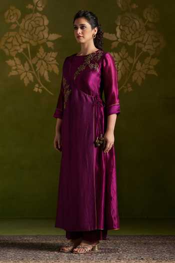 Shop_Almaari By Pooja Patel_Wine Silk, Tussar Round Neck, Yes Romika Embroidered Angrakha Kurta Set _Online_at_Aza_Fashions