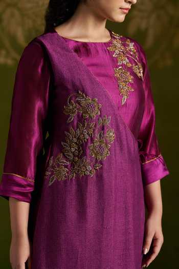 Almaari By Pooja Patel_Wine Silk, Tussar Round Neck, Yes Romika Embroidered Angrakha Kurta Set _at_Aza_Fashions
