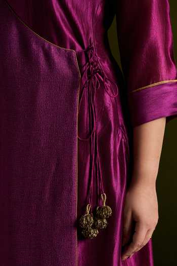 Buy_Almaari By Pooja Patel_Wine Silk, Tussar Round Neck, Yes Romika Embroidered Angrakha Kurta Set 