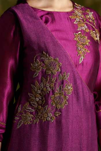 Shop_Almaari By Pooja Patel_Wine Silk, Tussar Round Neck, Yes Romika Embroidered Angrakha Kurta Set 