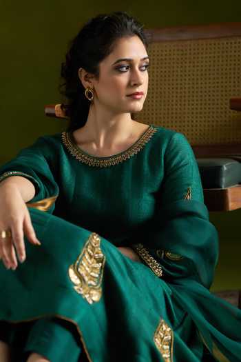 Shop_Almaari By Pooja Patel_Green Tussar, Silk, Organza Round Neck Rochana Embroidered Anarkali Set _Online_at_Aza_Fashions