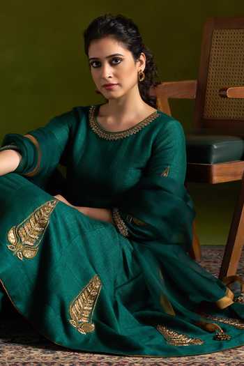 Almaari By Pooja Patel_Green Tussar, Silk, Organza Round Neck Rochana Embroidered Anarkali Set _at_Aza_Fashions