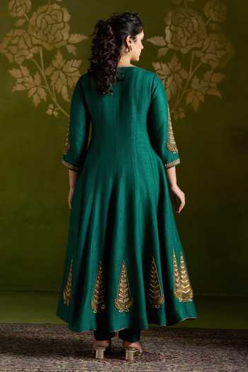 Buy_Almaari By Pooja Patel_Green Tussar, Silk, Organza Round Neck Rochana Embroidered Anarkali Set 