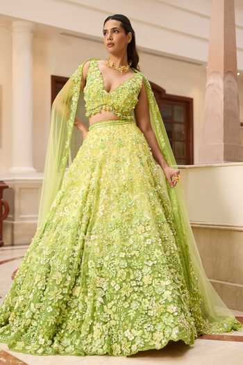 Opus Atelier_Green Mesh Sweetheart Neck Ombre Stella Embroidered Lehenga Set _at_Aza_Fashions