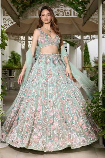 Shop_Opus Atelier_Pink Polyester, Mesh V-neck Wendy Embroidered Lehenga Set _Online_at_Aza_Fashions
