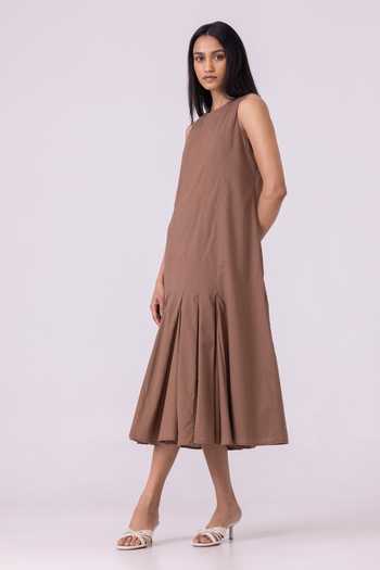 Shop The Summer House Brown Cotton, Cambric Round Neck Arwen Pleated Midi Dress Online at Aza Fashions Shop_The Summer House_Brown Cotton, Cambric Round Neck Arwen Pleated Midi Dress _Online_at_Aza_Fashions