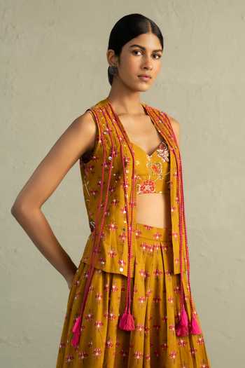Charkhee_Yellow Cotton Open , Sweetheart Phool Print Jacket And Divider Skirt Set _Online_at_Aza_Fashions
