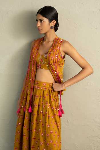 Buy_Charkhee_Yellow Cotton Open , Sweetheart Phool Print Jacket And Divider Skirt Set _Online_at_Aza_Fashions