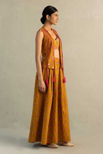Shop_Charkhee_Yellow Cotton Open , Sweetheart Phool Print Jacket And Divider Skirt Set _Online_at_Aza_Fashions