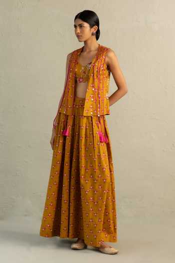 Charkhee_Yellow Cotton Open , Sweetheart Phool Print Jacket And Divider Skirt Set _at_Aza_Fashions