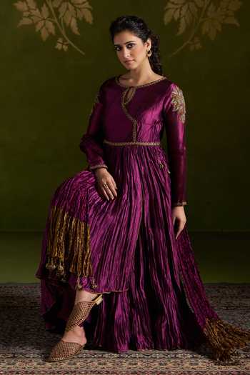 Almaari By Pooja Patel_Wine Silk Keyhole Neck Rochira Zardozi Embroidered Anarkali Set _at_Aza_Fashions