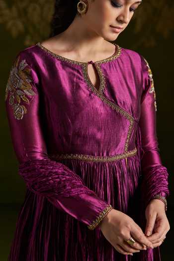 Shop_Almaari By Pooja Patel_Wine Silk Keyhole Neck Rochira Zardozi Embroidered Anarkali Set 