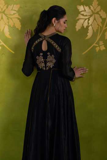 Shop_Almaari By Pooja Patel_Black Silk, Organza Roshini Anarkali Set _Online_at_Aza_Fashions
