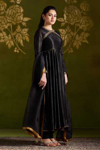 Almaari By Pooja Patel_Black Silk, Organza Roshini Anarkali Set _at_Aza_Fashions