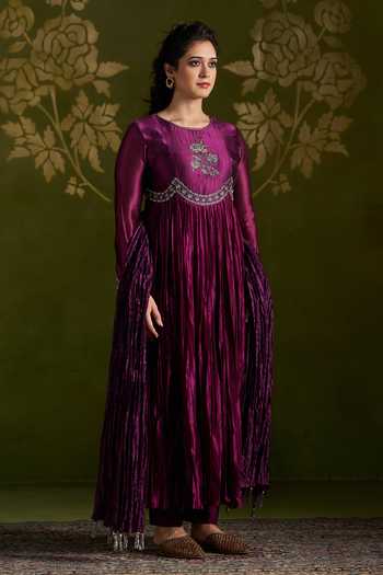 Buy_Almaari By Pooja Patel_Wine Silk Round Neck Rohika Embroidered Anarkali Set _Online_at_Aza_Fashions