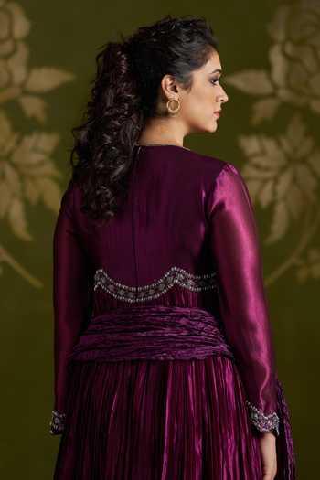 Almaari By Pooja Patel_Wine Silk Round Neck Rohika Embroidered Anarkali Set _at_Aza_Fashions