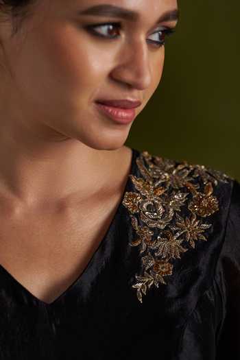 Almaari By Pooja Patel_Black Silk V-neck Placed Embroidered Anarkali Set _Online_at_Aza_Fashions