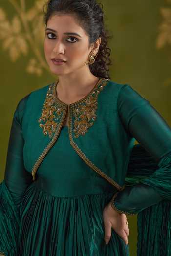 Almaari By Pooja Patel_Emerald Green Silk, Tussar Round Neck Rochita Embroidered Crushed Anarkali Set _at_Aza_Fashions
