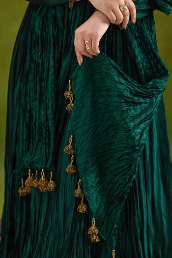 Buy_Almaari By Pooja Patel_Emerald Green Silk, Tussar Round Neck Rochita Embroidered Crushed Anarkali Set 