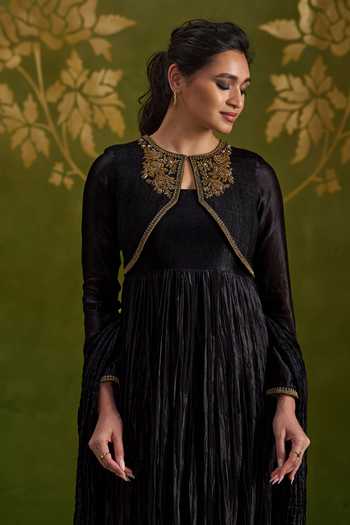 Shop_Almaari By Pooja Patel_Black Silk, Tussar High Neck Rochita Handmade And Pure Anarkali Set _Online_at_Aza_Fashions