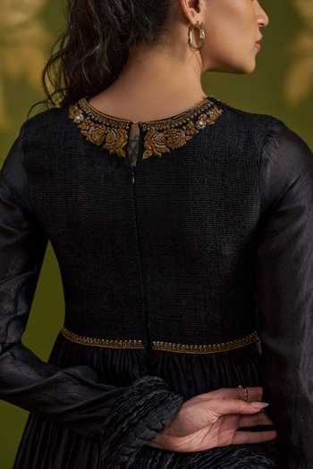 Shop_Almaari By Pooja Patel_Black Silk, Tussar High Neck Rochita Handmade And Pure Anarkali Set 