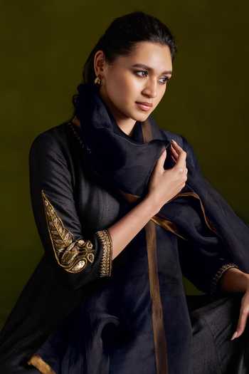 Almaari By Pooja Patel_Black Tussar, Silk, Organza Round Neck Rochana Handmade Anarkali Set _Online_at_Aza_Fashions