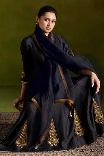 Shop_Almaari By Pooja Patel_Black Tussar, Silk, Organza Round Neck Rochana Handmade Anarkali Set _Online_at_Aza_Fashions