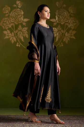 Shop_Almaari By Pooja Patel_Black Tussar, Silk, Organza Round Neck Rochana Handmade Anarkali Set 