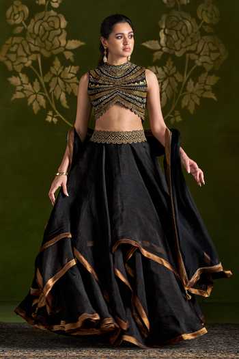 Almaari By Pooja Patel_Black Silk, Organza High Neck Rochika Embroidred Blouse Lehenga Set _Online_at_Aza_Fashions