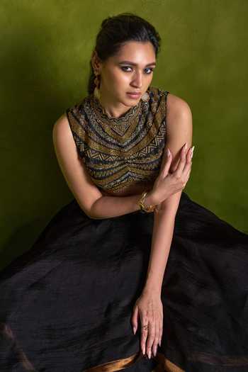 Almaari By Pooja Patel_Black Silk, Organza High Neck Rochika Embroidred Blouse Lehenga Set _at_Aza_Fashions