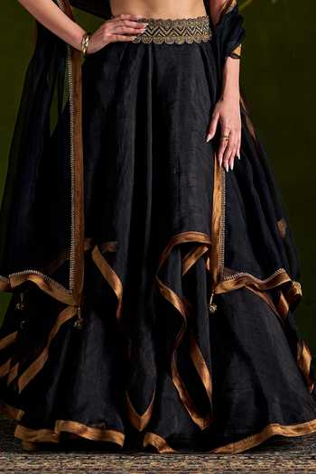 Shop_Almaari By Pooja Patel_Black Silk, Organza High Neck Rochika Embroidred Blouse Lehenga Set 