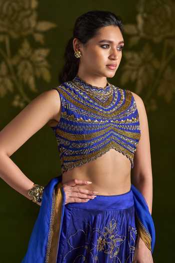 Almaari By Pooja Patel_Blue Silk, Organza High Neck Rohiniya Embroidered Lehenga Set _Online_at_Aza_Fashions