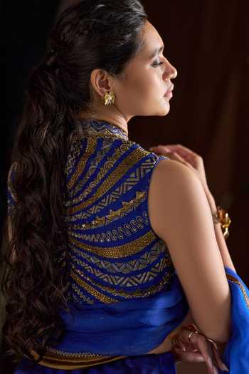 Buy_Almaari By Pooja Patel_Blue Silk, Organza High Neck Rohiniya Embroidered Lehenga Set _Online_at_Aza_Fashions