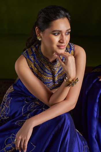 Shop_Almaari By Pooja Patel_Blue Silk, Organza High Neck Rohiniya Embroidered Lehenga Set _Online_at_Aza_Fashions