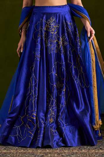 Buy_Almaari By Pooja Patel_Blue Silk, Organza High Neck Rohiniya Embroidered Lehenga Set 