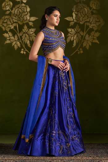 Shop_Almaari By Pooja Patel_Blue Silk, Organza High Neck Rohiniya Embroidered Lehenga Set 