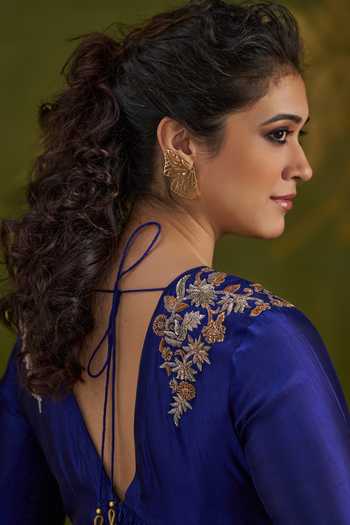 Almaari By Pooja Patel_Blue Silk V-neck Romila Pure Anarkali Set _at_Aza_Fashions