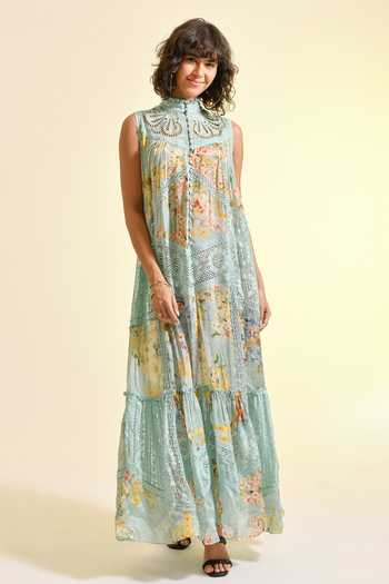 Bhanuni By Jyoti_Mint Viscose Halter Neck Madonna Printed Maxi Lace Dress _Online_at_Aza_Fashions