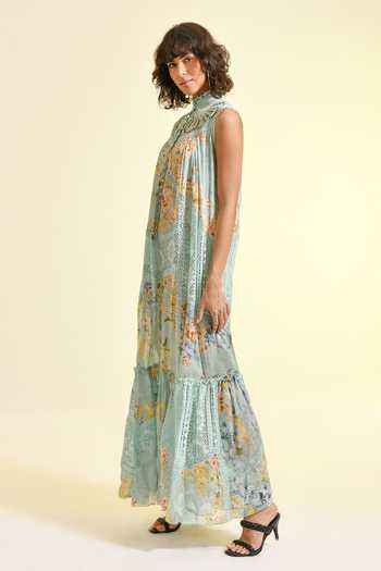 Buy_Bhanuni By Jyoti_Mint Viscose Halter Neck Madonna Printed Maxi Lace Dress _Online_at_Aza_Fashions