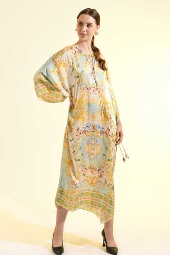 Bhanuni By Jyoti_Mint Viscose V-neck Madonna Printed Kaftan _Online_at_Aza_Fashions