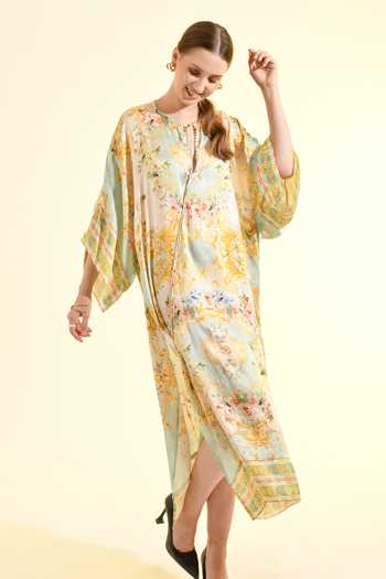 Buy_Bhanuni By Jyoti_Mint Viscose V-neck Madonna Printed Kaftan _Online_at_Aza_Fashions