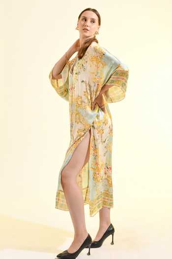 Shop_Bhanuni By Jyoti_Mint Viscose V-neck Madonna Printed Kaftan _Online_at_Aza_Fashions