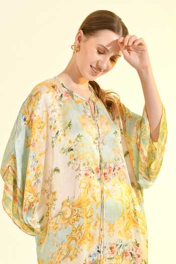 Buy_Bhanuni By Jyoti_Mint Viscose V-neck Madonna Printed Kaftan 