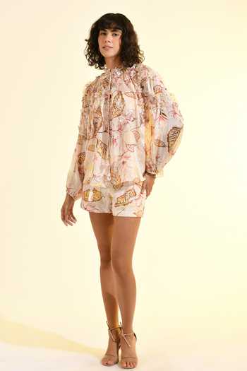Bhanuni By Jyoti_Pink Viscose Floral Blush Print Shorts _Online_at_Aza_Fashions