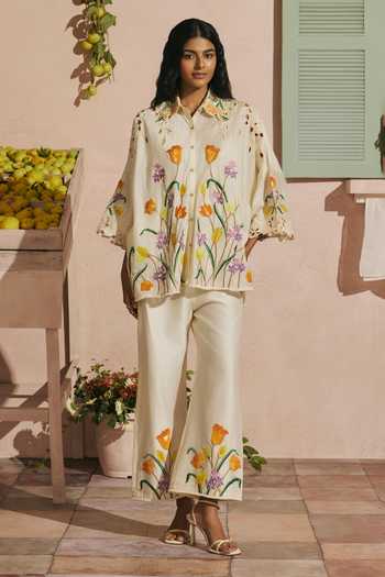 Chandrima Ivory Chanderi Embroidery, Beads, Cut Work Collared Tulip Shirt Online at Aza Fashions Chandrima_Ivory Chanderi Embroidery, Beads, Cut Work Collared Tulip Shirt _Online_at_Aza_Fashions