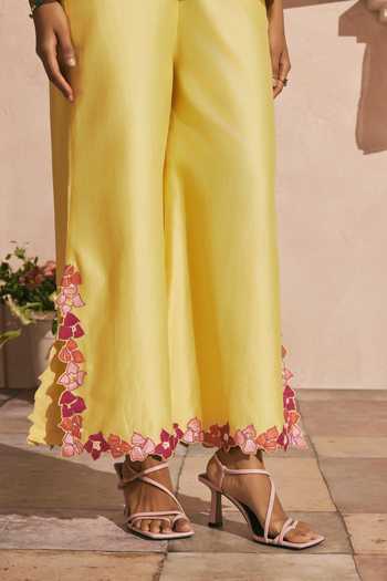 Chandrima_Yellow Chanderi Beads, Applique Butter Bougainvillea Pant _Online_at_Aza_Fashions