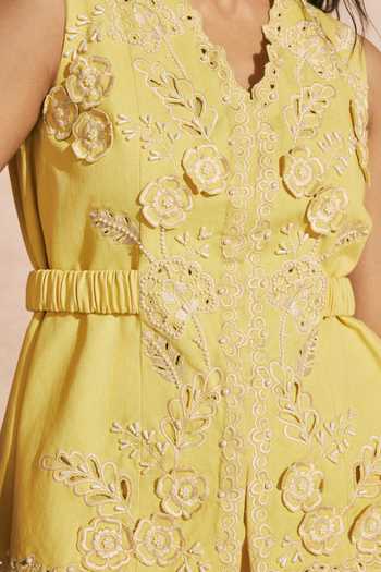 Buy_Chandrima_Yellow Cotton, Twill Beads, Cut Work V-neck Butter Waistcoat _Online_at_Aza_Fashions