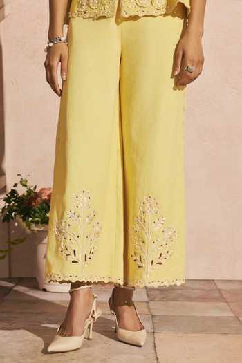 Chandrima_Yellow Cotton, Twill Beads, Cut Work Butter Pant _Online_at_Aza_Fashions