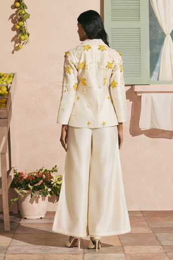 Chandrima_Ivory Chanderi Beads, Cut Work, Applique Notched Neck 3d Beadwork Blazer _Online_at_Aza_Fashions